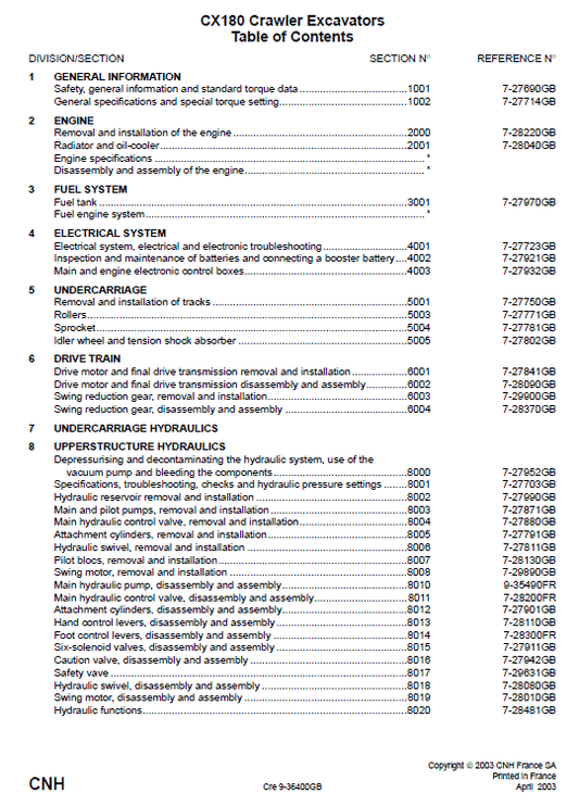 Case CX180 Excavator Service Manual Workshop Guide
