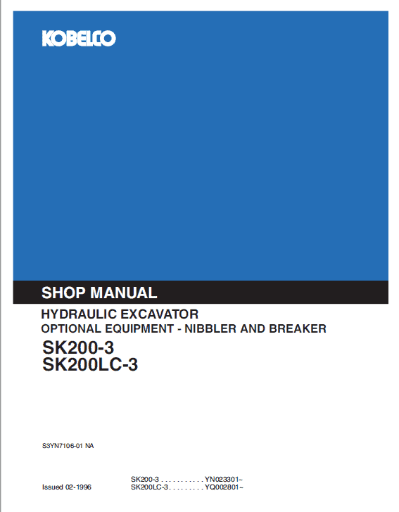 Kobelco SK200-3, SK200LC-3 Excavator Service Manual Workshop Guide