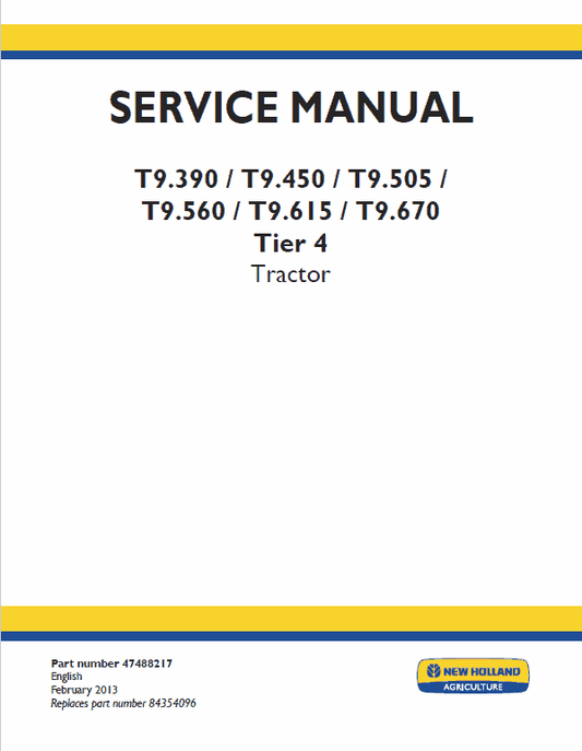 New Holland T9.560, T9.615, T9.670 Tier 4 Tractor Service Manual Workshop Guide