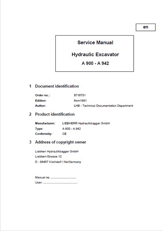 Liebherr A900, A902, A912, A922, A942 Hydraulic Excavator Service Manual