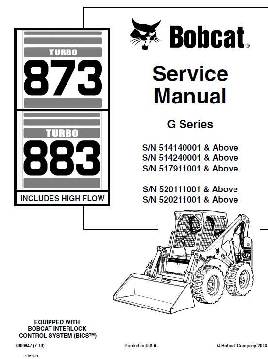 Bobcat 873 and 883 G-Series Skid-Steer Loader Service Manual Workshop Guide
