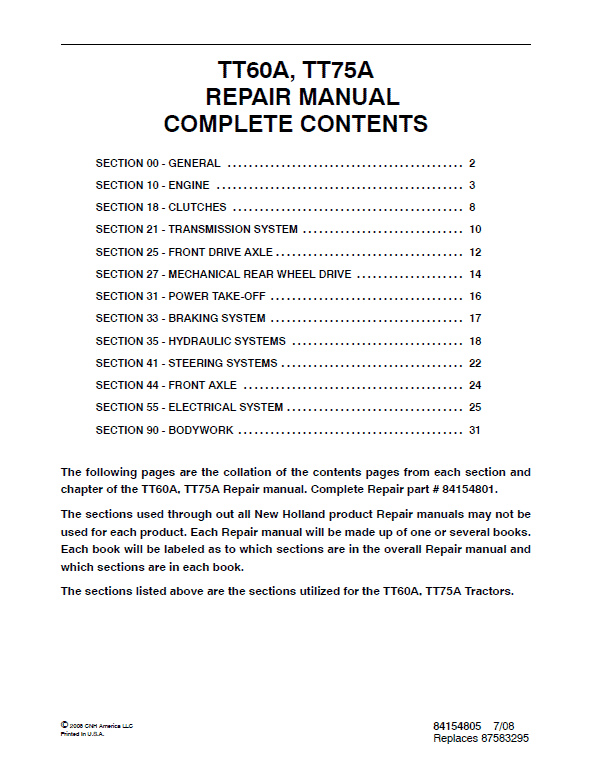 New Holland TT60A, TT75A Tractor Service Manual Workshop Guide