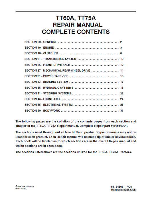 New Holland TT60A, TT75A Tractor Service Manual Workshop Guide