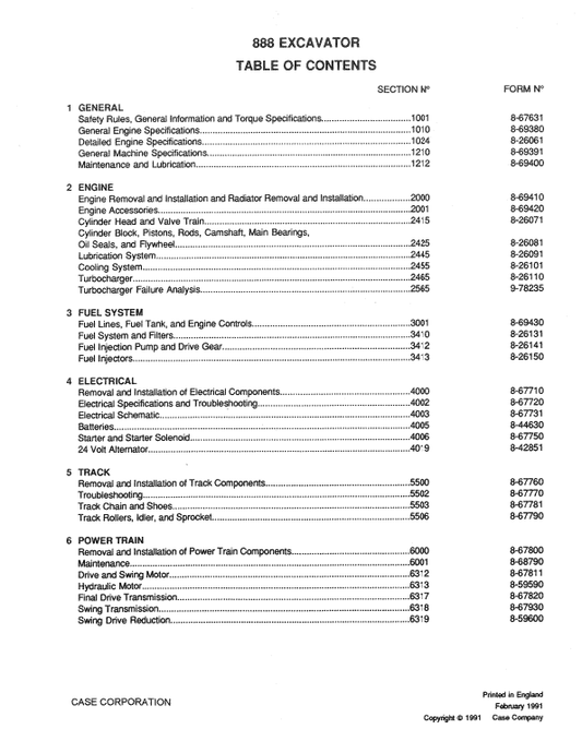 Case 888 Excavator Service Manual Workshop Guide