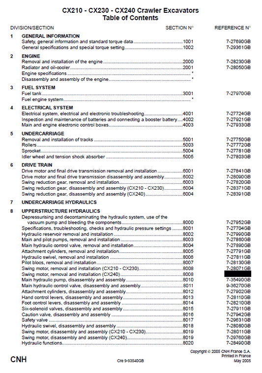 Case CX210, CX230 and CX240 Excavator Service Manual Workshop Guide