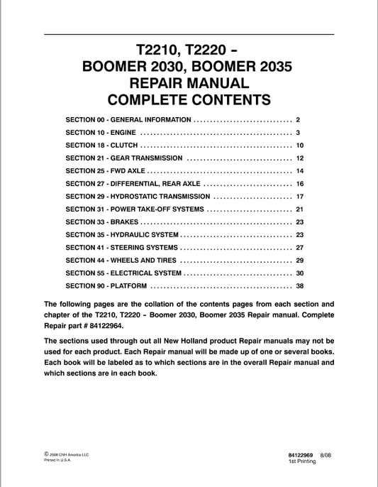 New Holland T2210, T2220 Tractor Service Manual Workshop Guide