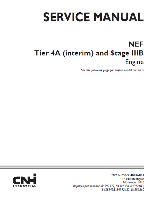 CNH Tier 4A (interim) and Stage IIIB Engine Service Manual Workshop Guide