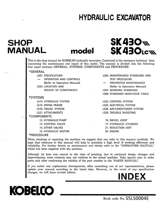 Kobelco SK430 and SK430LC Excavator Service Manual Workshop Guide