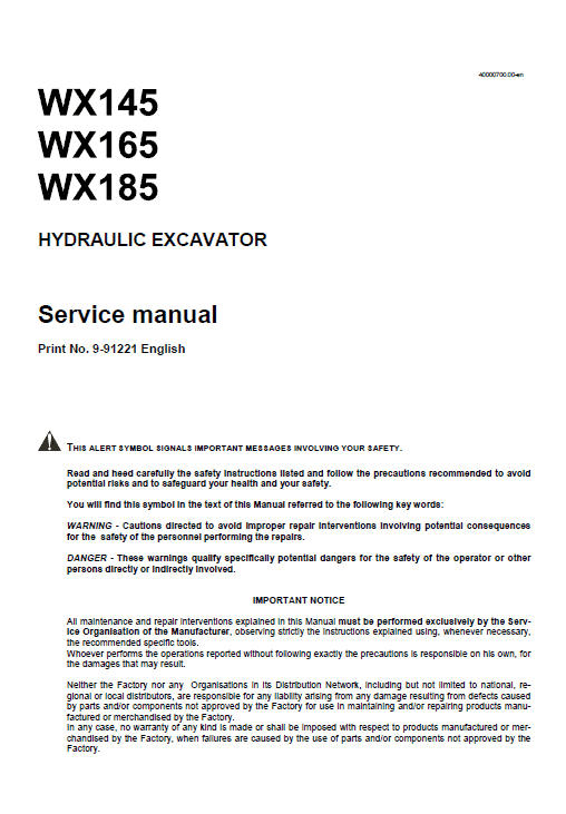 Case WX145, WX165 and WX185 Excavator Service Manual Workshop Guide