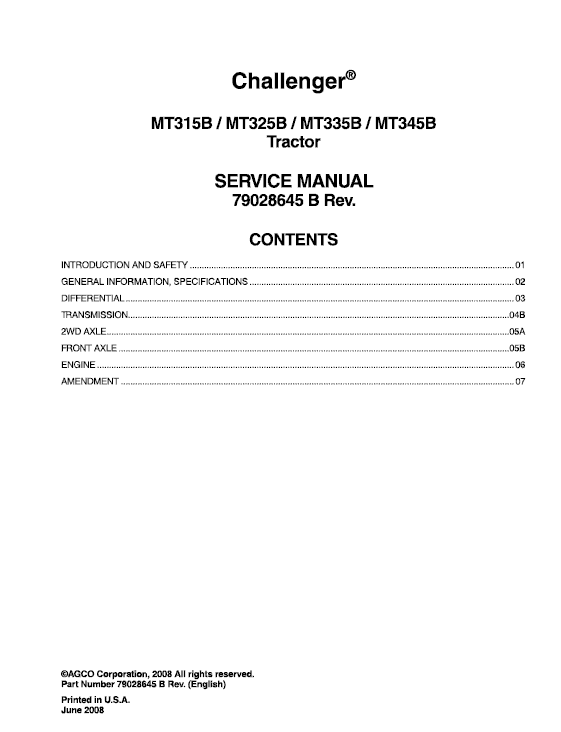 Challenger MT315B, MT325B, MT335B, MT345B Tractor Service Manual Workshop Guide