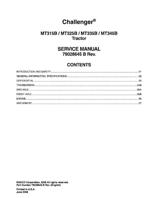 Challenger MT315B, MT325B, MT335B, MT345B Tractor Service Manual Workshop Guide