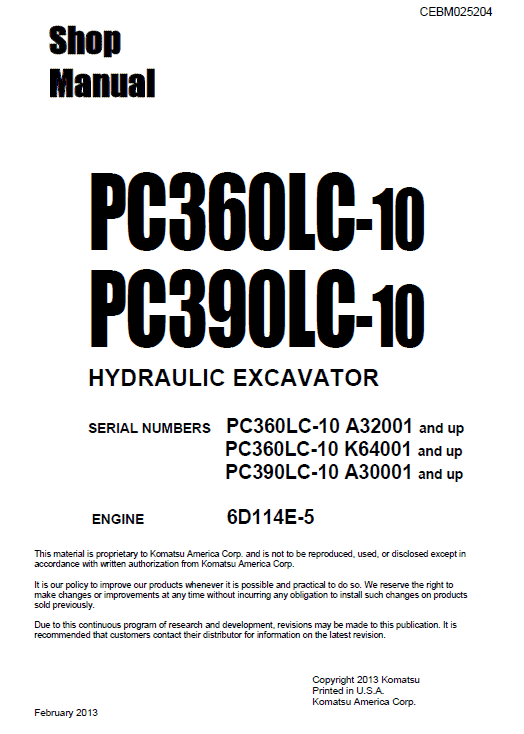 Komatsu PC360LC-10, PC390LC-10 Excavator Service Manual Workshop Guide