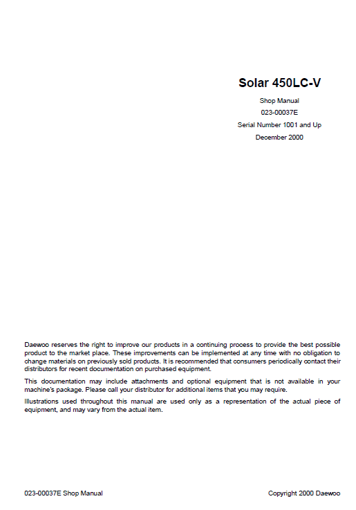 Daewoo Solar S450LC-V Excavator Service Manual Workshop Guide