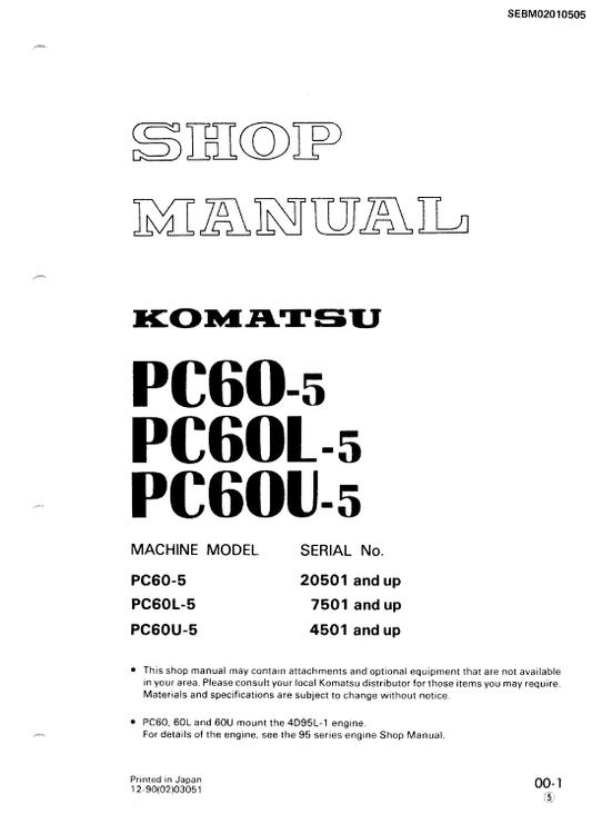 Komatsu PC60-5, PC60L-5, PC60U-5 Excavator Service Manual Workshop Guide