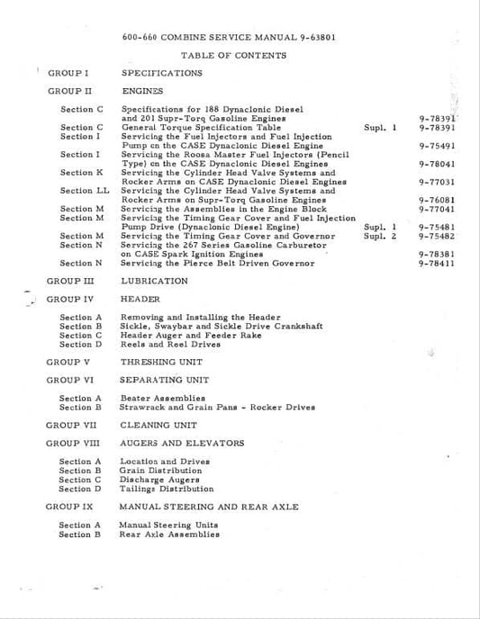 Case 600, 660 Combine Trencher Repair Service Manual Workshop Guide