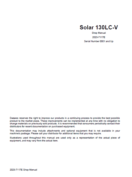 Daewoo Solar S130LC-V Excavator Service Manual Workshop Guide