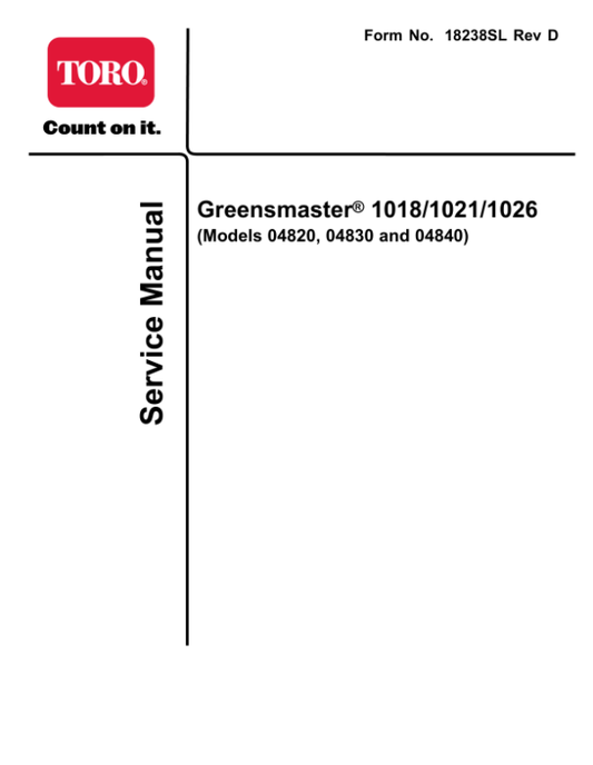 Toro Greensmaster 1018, 1021, 1026 Service Repair Manual Workshop Guide