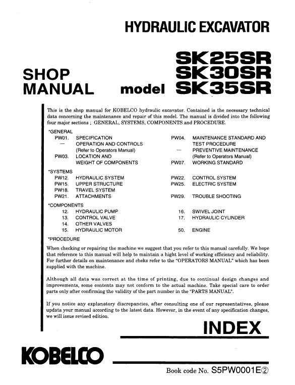 Kobelco SK25SR, SK30SR and SK35SR Excavator Service Manual Workshop Guide