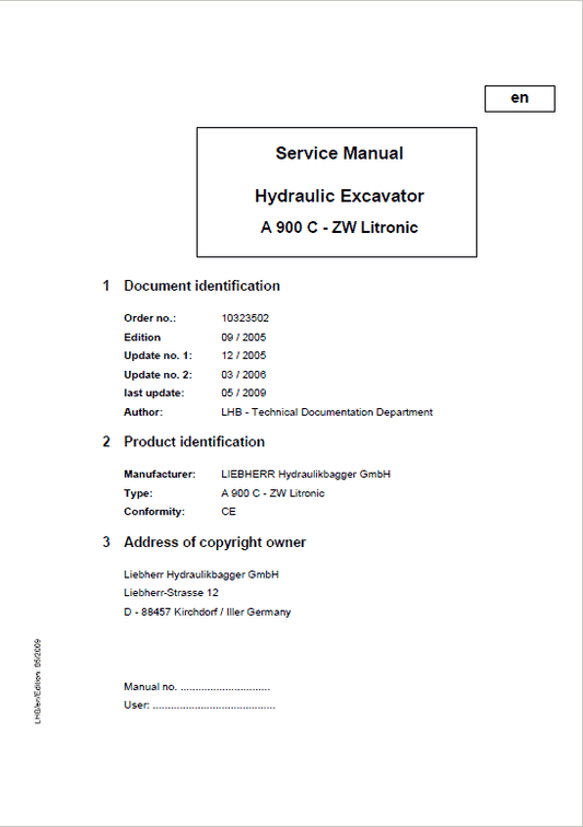 Liebherr A900C ZW Litronic Excavator Service Manual