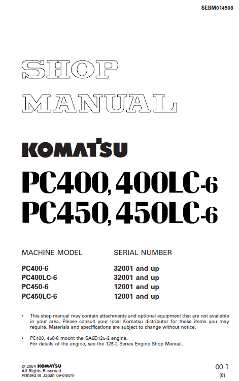 Komatsu PC400-6, PC400LC-6 Excavator Service Manual Workshop Guide