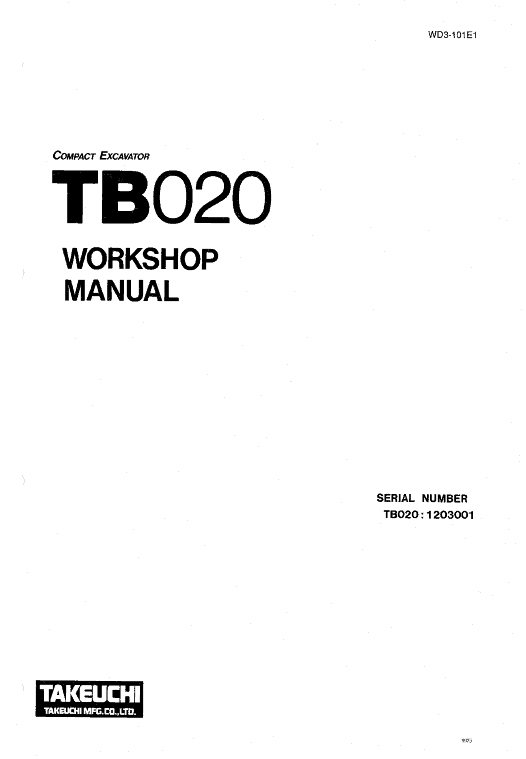 Takeuchi TB020 Compact Excavator Service Manual Workshop Guide