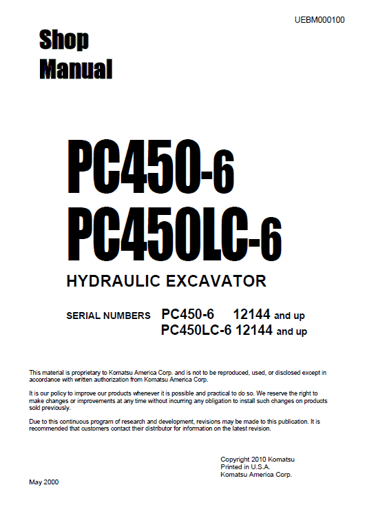 Komatsu PC450-6, PC450LC-6, PC450-6K, PC450LC-6K Excavator Manual Workshop Guide