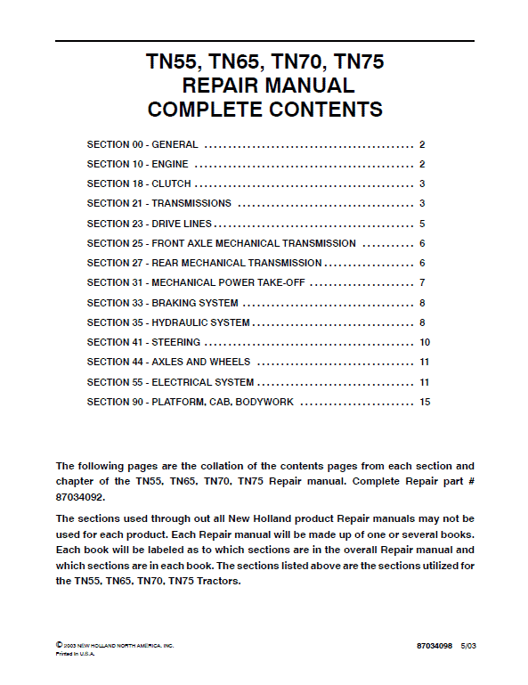 New Holland TN55, TN65, TN70, TN75 Tractor Repair Service Manual Workshop Guide