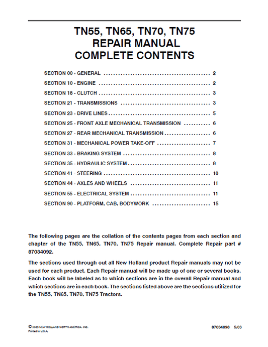 New Holland TN55, TN65, TN70, TN75 Tractor Repair Service Manual Workshop Guide