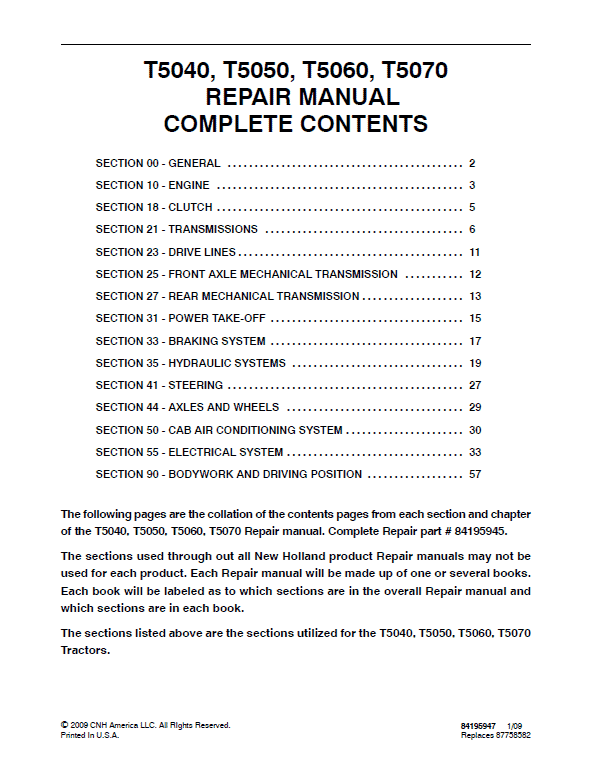 New Holland T5030, T5040, T5050, T5060, T5070 Tractor Service Manual Workshop Guide