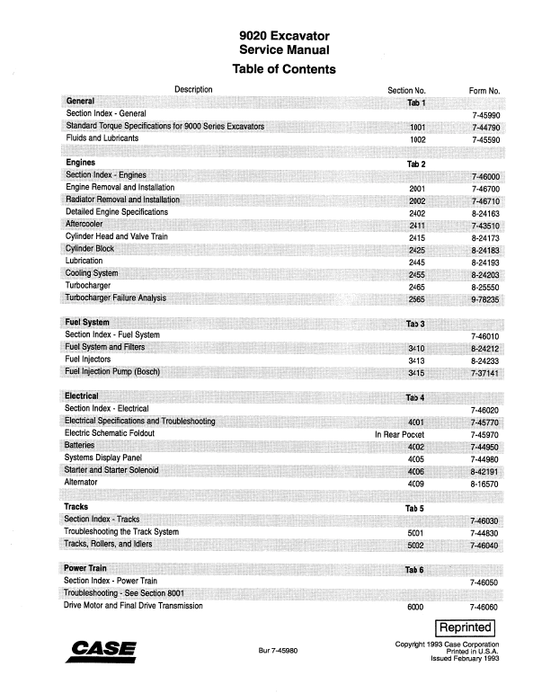 Case 9020 Excavator Service Manual Workshop Guide