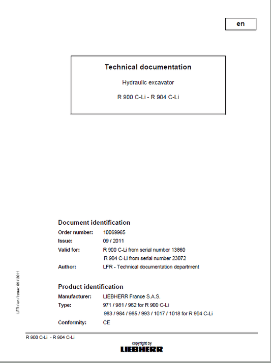Liebherr R900C, R904C Litronic Excavator Service Manual
