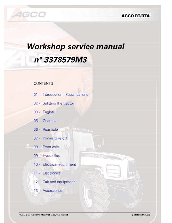 AGCO RT100, RT120, RT135, RT150 PowerMaxx CVT Service Manual Workshop Guide