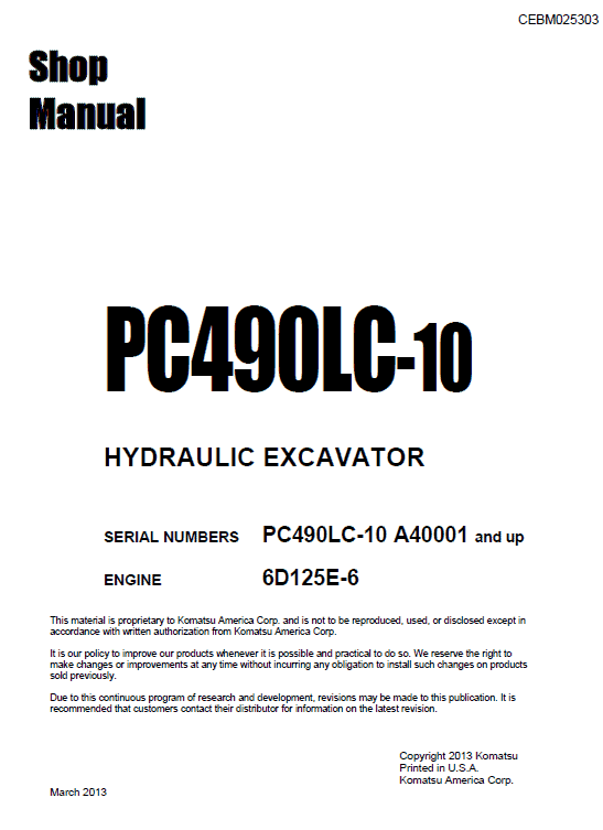 Komatsu PC490LC-10 Excavator Service Manual Workshop Guide
