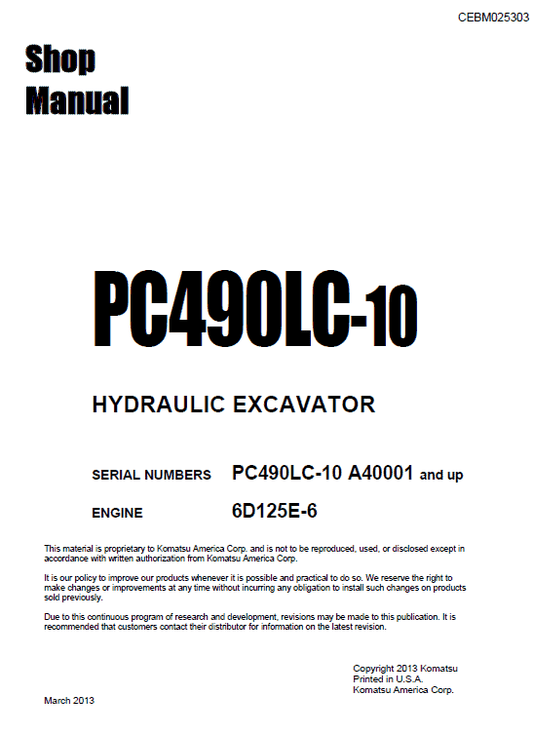 Komatsu PC490LC-10 Excavator Service Manual Workshop Guide