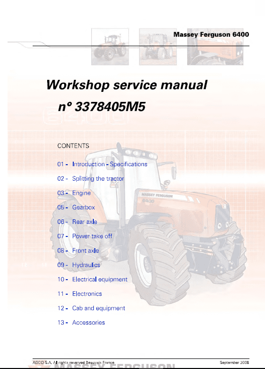 Massey Ferguson 6445, 6455, 6460, 6465, 6470, 6475, 6480 Tractor Service Manual Workshop Guide