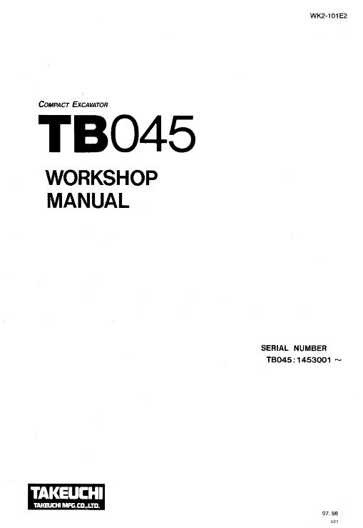 Takeuchi TB045 Compact Excavator Service Manual Workshop Guide