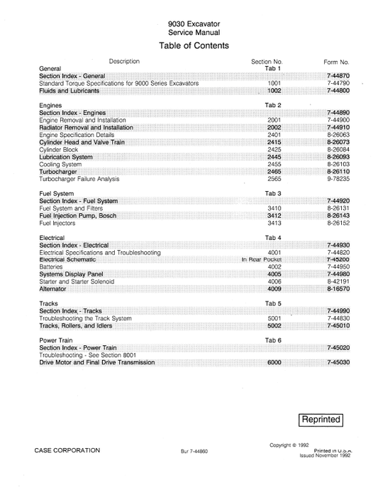 Case 9030 Excavator Service Manual Workshop Guide