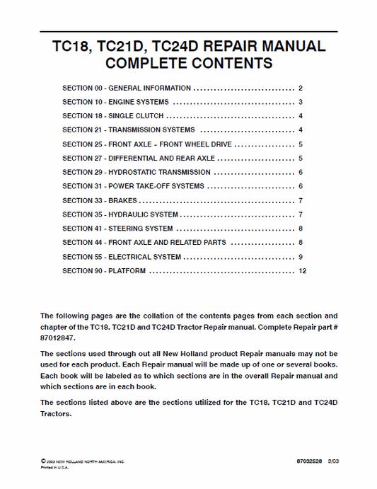New Holland TC18, TC18D, TC21D, TD24D Tractor Service Manual Workshop Guide
