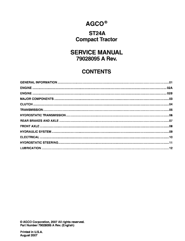 AGCO ST24A Compact Tractor Service Manual Workshop Guide