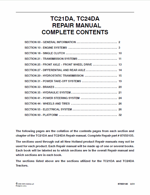 New Holland TC21DA, TC24DA Tractor Service Manual Workshop Guide