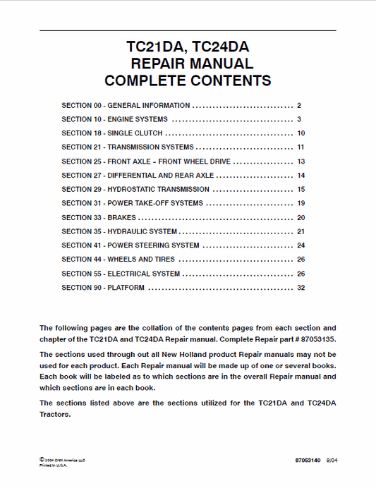 New Holland TC21DA, TC24DA Tractor Service Manual Workshop Guide