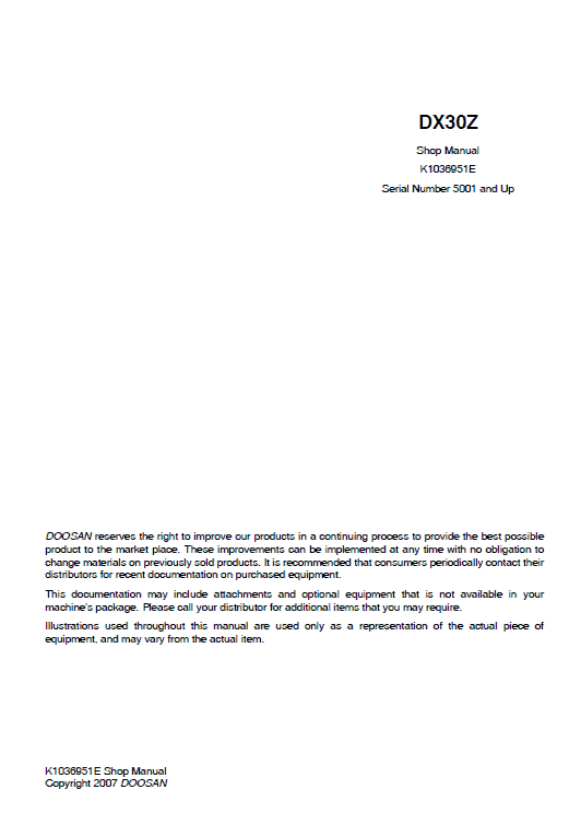 Doosan DX30Z Excavator Service Manual Workshop Guide