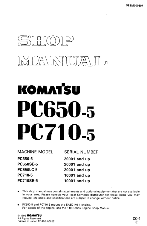Komatsu PC650-5 and PC710-5 Excavator Service Manual Workshop Guide