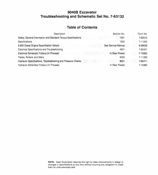 Case 9040B Excavator Service Manual Workshop Guide