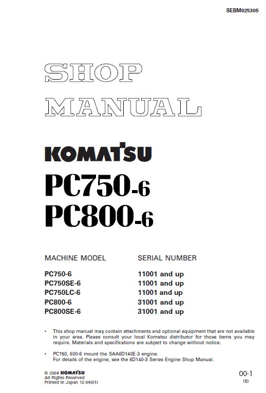 Komatsu PC750-6, PC750LC-6, PC800-6 Excavator Service Manual Workshop Guide