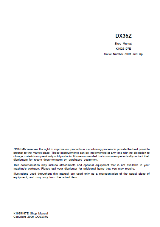 Doosan DX35Z Excavator Service Manual Workshop Guide