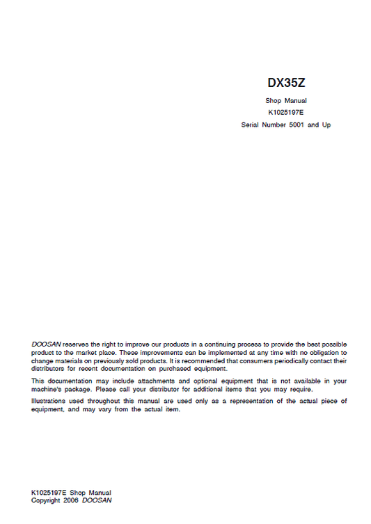 Doosan DX35Z Excavator Service Manual Workshop Guide