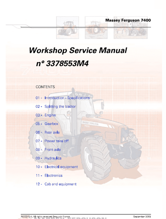 Massey Ferguson 7465, 7475, 7480 Tractor Service Manual Workshop Guide