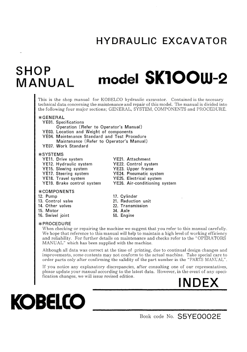 Kobelco SK100W-2 Excavator Service Manual Workshop Guide