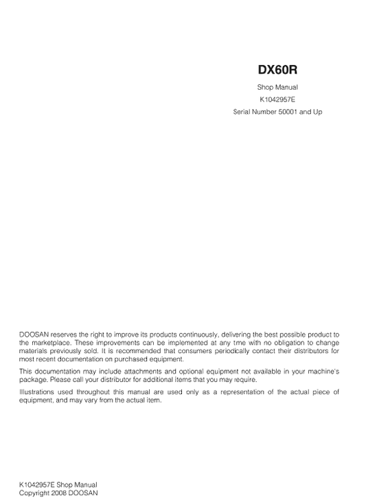 Doosan DX60R Excavator Service Manual Workshop Guide